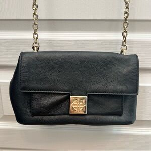 Antonio Melani Black Leather Shoulder Bag Tassel Gold Chain Strap Turn Lock